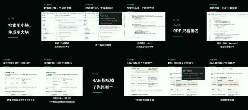 竖屏课程切片的几帧：顶部是系列标题条，下面是放大裁切后的代码或幻灯片。