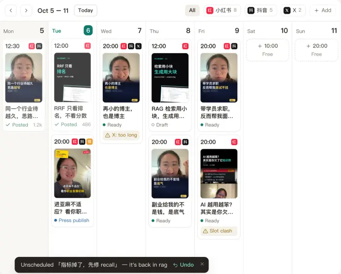 Pantalla de publicación: un calendario semanal con clips colocados por día y por plataforma, marcados como listos, borradores o publicados.