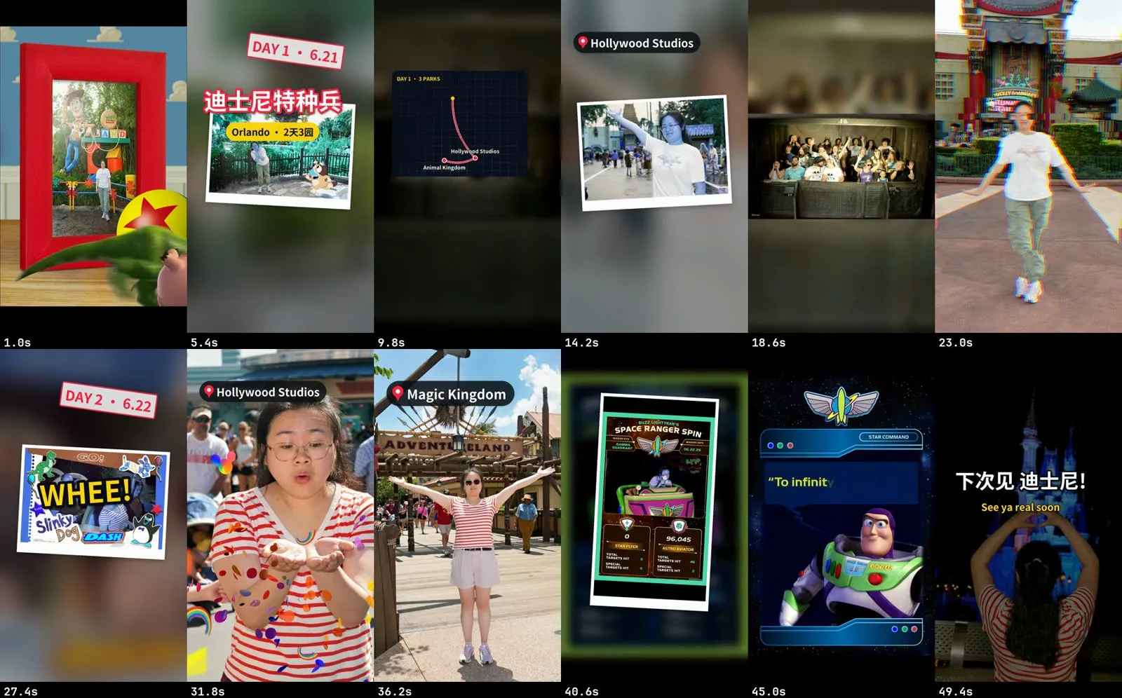 Contact sheet of a fun travel vlog on a vertical canvas: a title pop, DAY stamps, location tags, a route map card, photo cards, a glitch frame and an end card