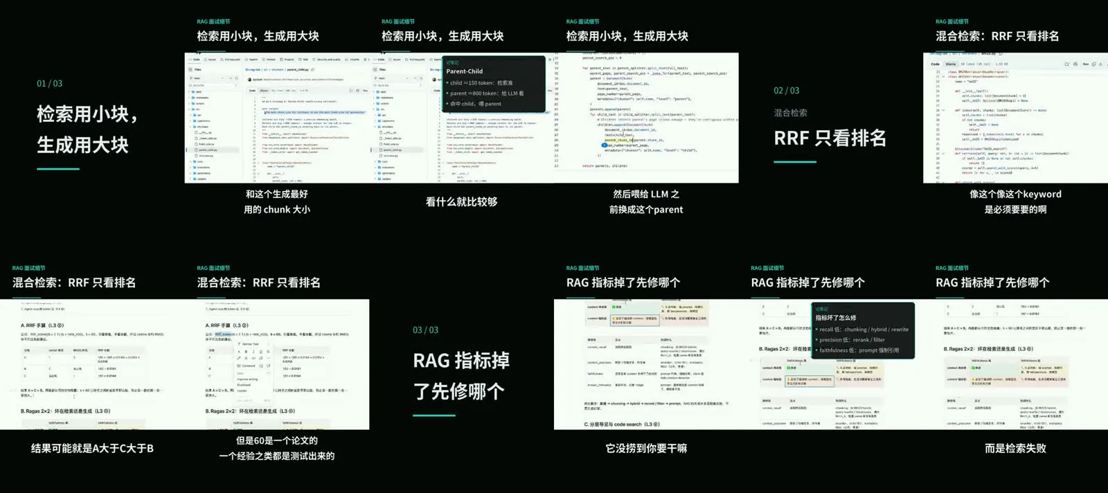 Contact sheet of vertical slices from a screen-share lecture: a title band with the series and chapter, the shared screen below, chapter cards and a notes panel