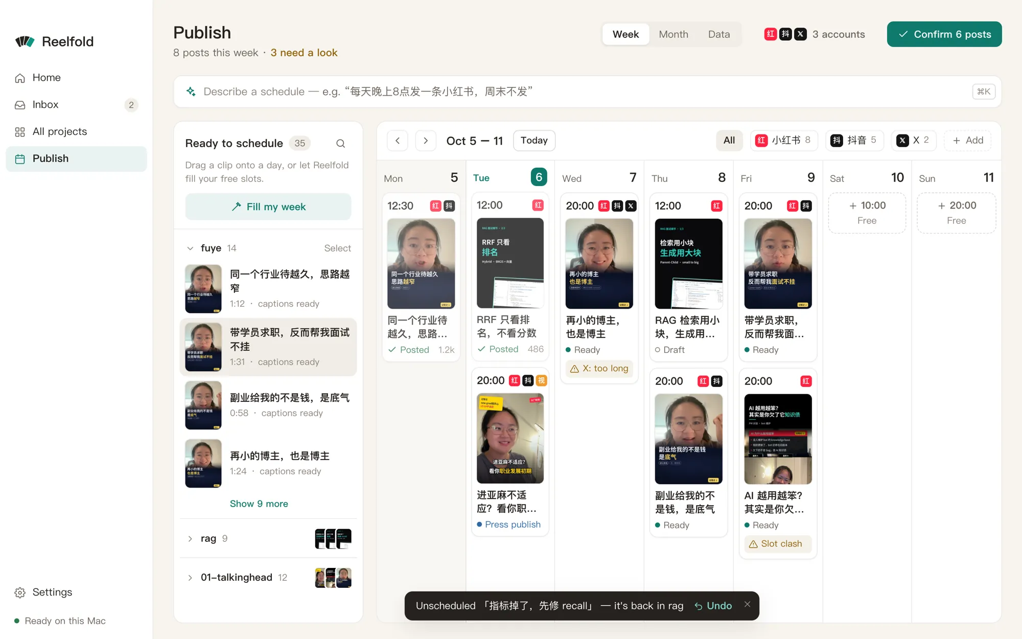 The Publish week board: posts per day and platform, with what is scheduled, posted or waiting for you