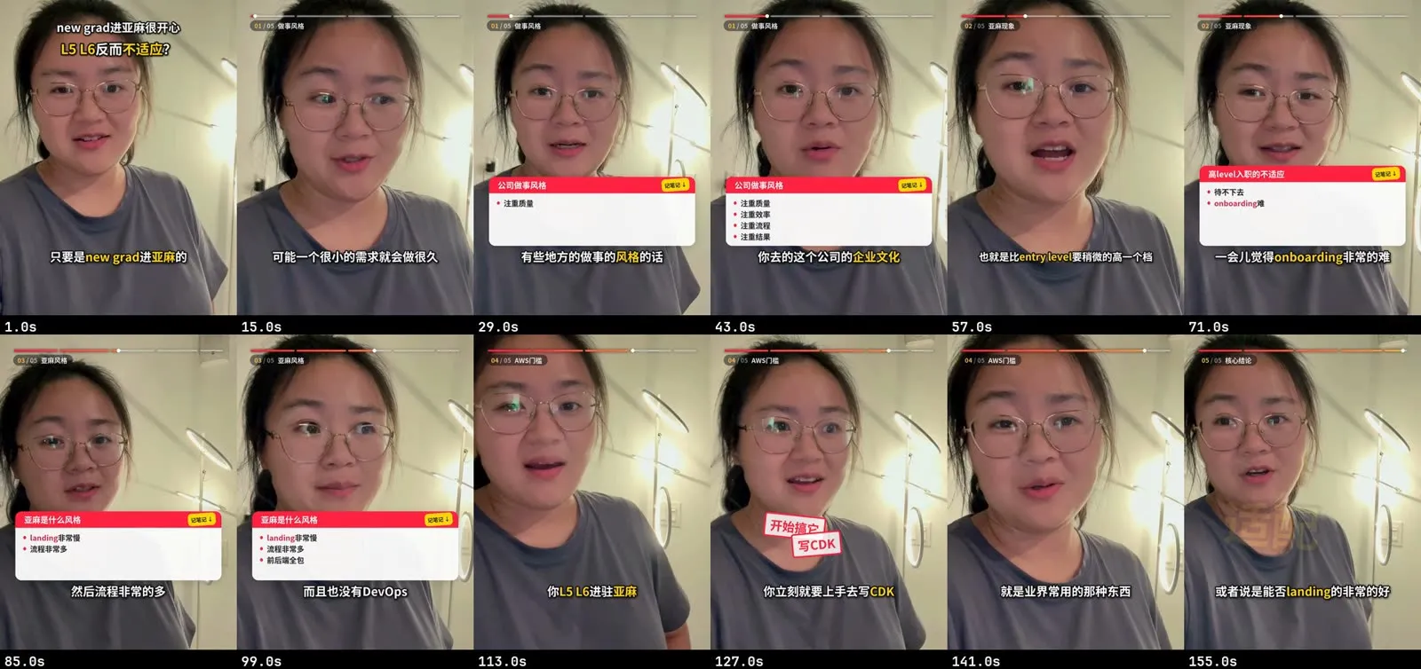 Contact sheet of a finished talking-head short: captions with highlighted keywords, a progress bar with chapter labels, and red notes panels